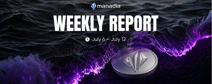 A dramatic dark cover graphic for the "manadia Weekly Report" covering July 6–July 12, featuring the manadia logo, a glowing purple wave-like background, and a silver coin with a diamond-shaped emblem in the lower right, visually reinforcing the report's focus on the ecosystem's Public Beta Double Rewards Campaign extension.