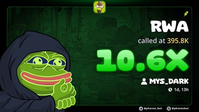 The image is a Pepe-style meme banner announcing an RWA call that hit a 10.6X gain at 395.8K, credited to user MYS_DARK, which complements the post's claim of profiting by trading a RWA meme whenever Vlad (Robinhood CEO) mentions RWA.