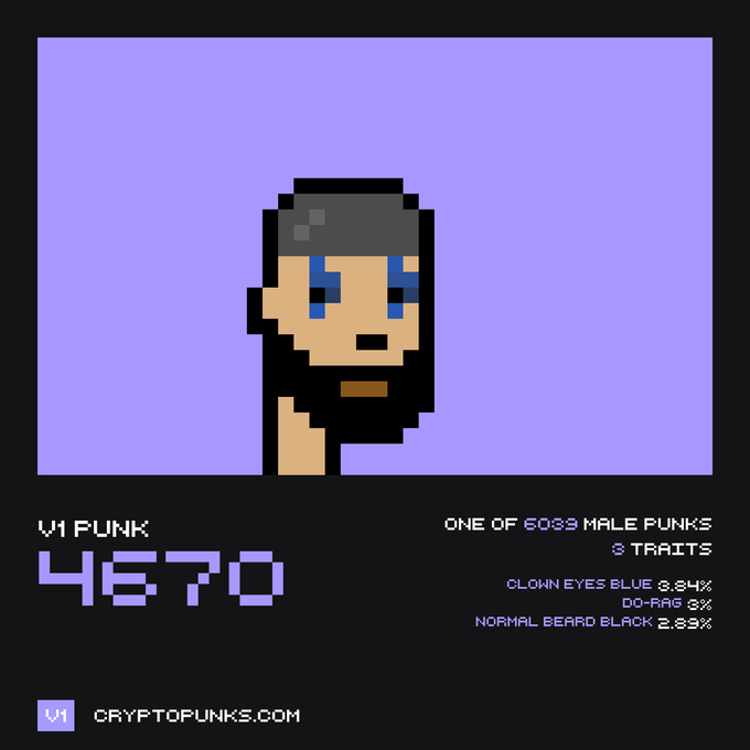 A CryptoPunks NFT artwork featuring a pixelated male character with a gray do-rag, blue clown eyes, and a normal black beard against a purple background, labeled 'V1 PUNK 4670' with text noting 'ONE OF 5039 MALE PUNKS' and '3 TRAITS'.