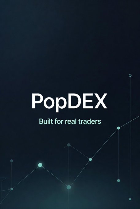 A promotional graphic with a dark teal background featuring the text 'PopDEX' and 'Built for real traders' overlaid on a stylized line chart.