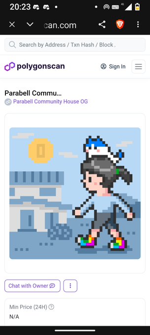 Mobile screenshot of a Polygonscan page for a collection named 'Parabell Commu...', displaying a pixel-art NFT of a character walking and a 'Chat with Owner' button.