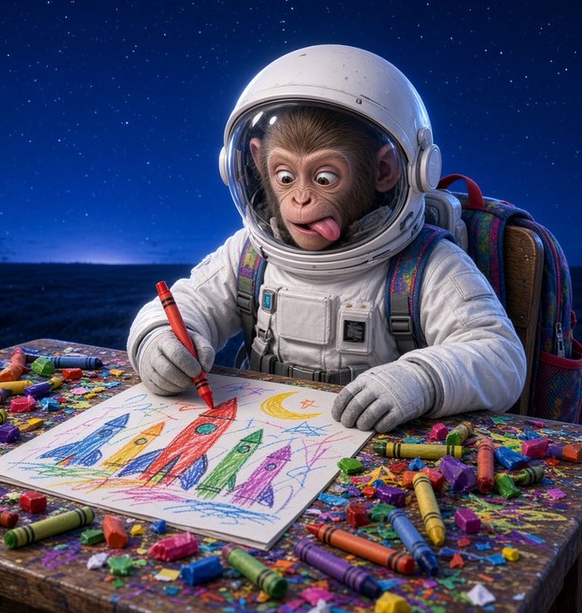 A whimsical 3D illustration of a monkey in an astronaut suit drawing a colorful rocket ship with crayons at a table scattered with art supplies, set against a starry night sky.