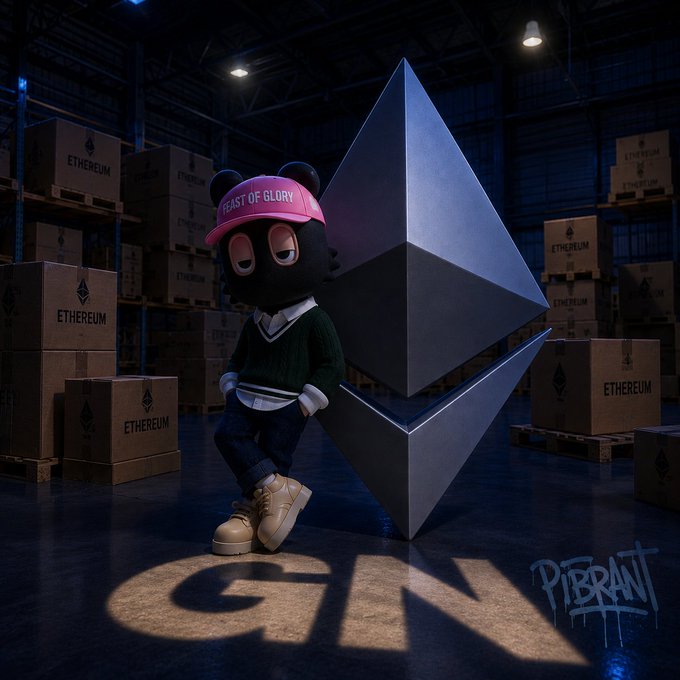 A cartoon character wearing a pink "FEAST OF GLORY" cap leans against a large silver Ethereum (ETH) diamond logo inside a warehouse filled with "ETHEREUM" boxes, casting a shadow that reads "GM." The image ties into the post's birthday wishes for Ethereum and the classic "GM" (good morning) greeting common in crypto/NFT communities.