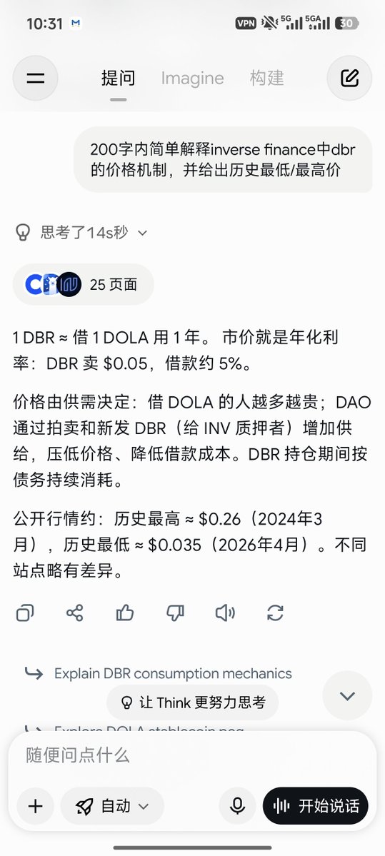 A mobile chat screenshot explains Inverse Finance’s DBR token, stating that 1 DBR is approximately borrowing 1 DOLA for one year and that the $0.044 price implies about a 4.4% annualized interest rate. It notes historical highs near $0.26 in March 2024 and lows near $0.035 in April 2026, contextualizing a post about buying $5,000 of lending power.