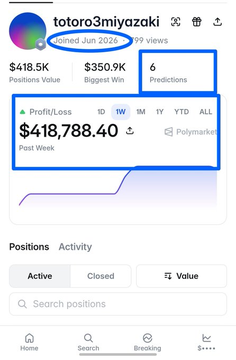 A Polymarket profile for 'totoro3miyazaki' showing $418.5K Positions Value, $350.9K Biggest Win, 6 Predictions, and a Profit/Loss of $418,788.40, with the username highlighted.
