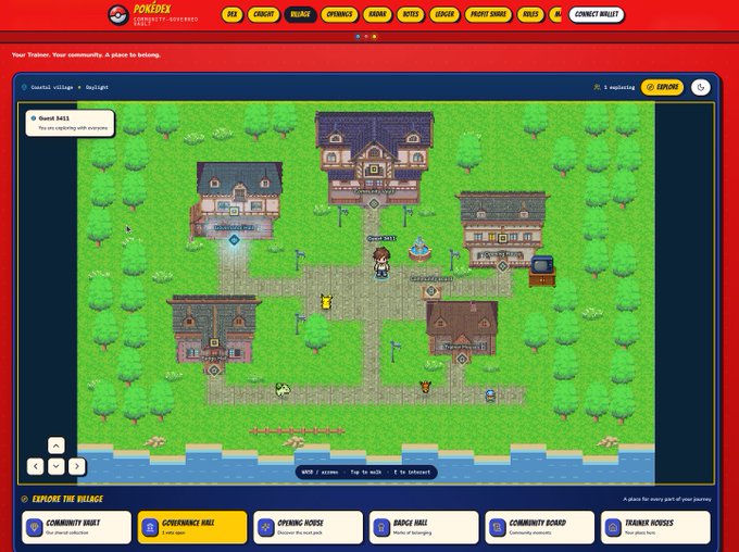 A screenshot of a pixel-art virtual world website called 'POKÉDEX' showing a 'Coastal village' map with various buildings and character menus like 'COMMUNITY QUEST' and 'OPENING MOVES'.