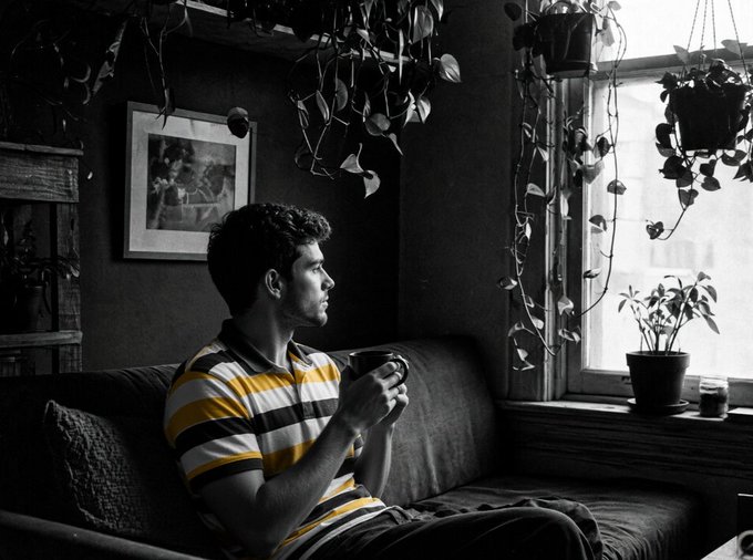 A black-and-white photograph of a man in a striped shirt sitting on a couch holding a mug, with selective yellow coloring on his shirt stripes, surrounded by hanging plants near a window.
