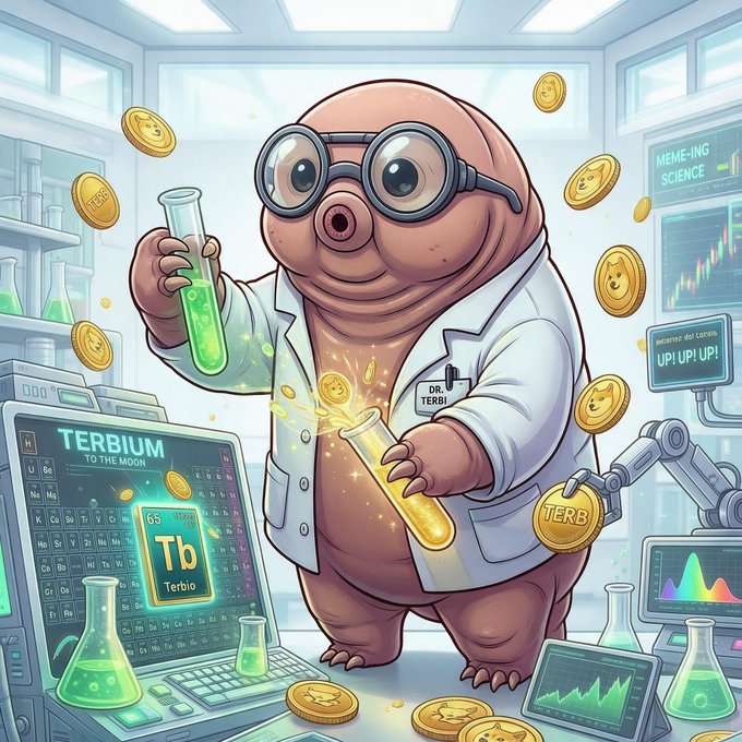 A cartoon illustration of a mole or naked mole-rat scientist named 'DR. TERBI' wearing a lab coat and goggles, holding glowing test tubes, surrounded by golden coins labeled 'TERB' and a periodic table element for Terbium (Tb) showing 'TERBIUM TO THE MOON'.