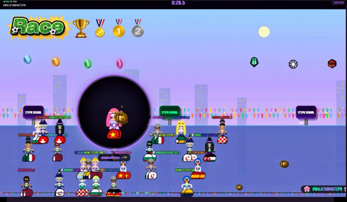 The image features a cartoon-like scene of people participating in a game, with many characters scattered across the screen. The main focus is on a group of people standing around a large circle, which appears to be the center of attention or the "walk to win" stage of the game. There are also several other smaller circles and groups dispersed throughout the image.

The caption for this image reads: "Congratulations to all the lucky winners who shined brightly in our Lucky Steps Race during the STEPN/STEPN GO School Event! #WalkToWinStepN What an incredible journey!"
