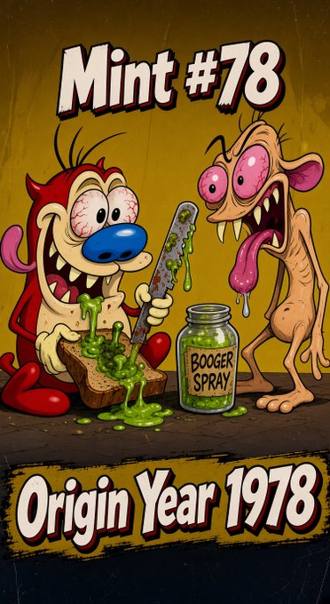 A cartoon-style illustration titled 'Mint #78' with 'Origin Year 1978' at the bottom, depicting a red cartoon character making a sandwich with green booger spread alongside a pink rat-like creature, with a jar labeled 'Booger Spray' on the table.