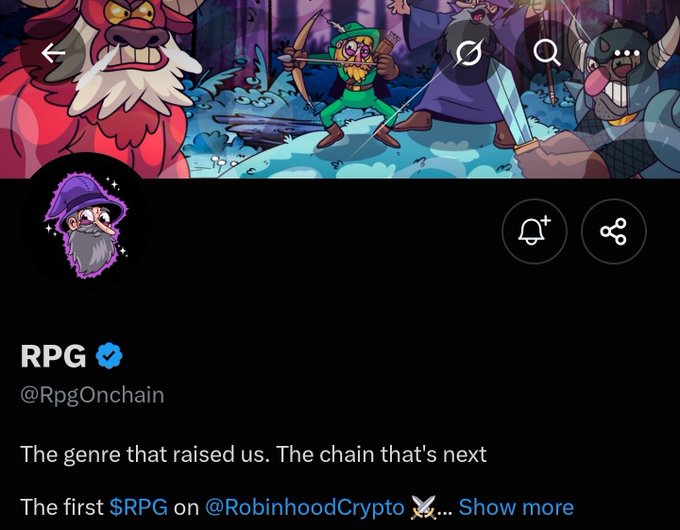 Twitter/X profile for RPG (@RpgOnchain), a verified crypto project with a fantasy-themed banner featuring cartoon warriors and monsters; the bio reads 'The genre that raised us. The chain that's next — The first $RPG on @RobinhoodCrypto.'