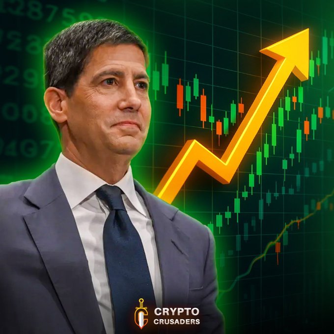 llorum, a former US President, stands against a green economic chart with a yellow arrow pointing upwards and the word "CYPTO" below his head.