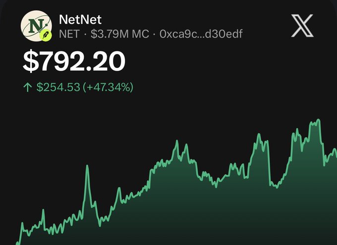 A cryptocurrency price chart showing "NetNet" (NET) token at $792.20, up $254.53 (+47.34%) with a $3.79M market cap.