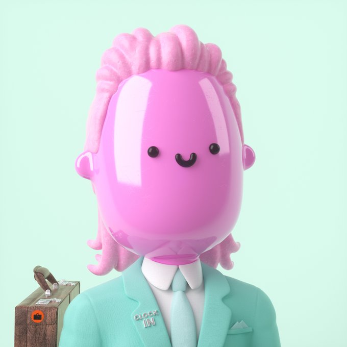 A 3D-rendered character with a glossy pink balloon-like head, simple smiling face, pink hair, and a teal business suit labeled 'CLOCK IN' on the lapel.