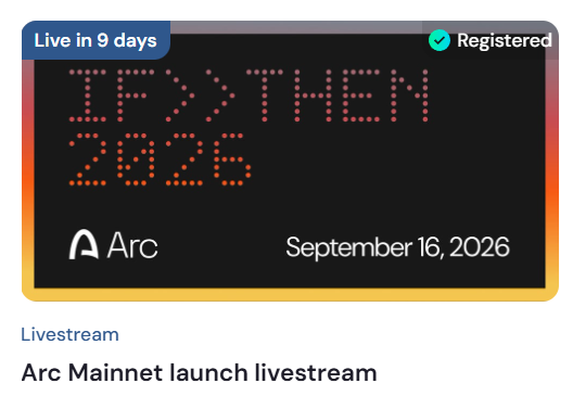 A promotional graphic for the Arc Mainnet launch livestream on September 16, 2026, displayed in a dot-matrix style reading "DFXTHEM 2026" with a "Live in 9 days" badge and registered confirmation, matching the post's announcement of the upcoming mainnet launch.