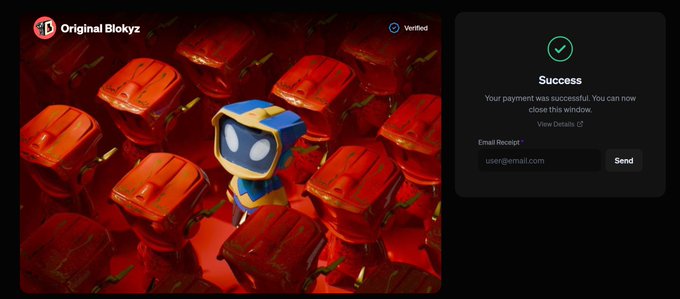 A payment success screen for 'Original Blokyz' NFT, showing a 3D blue character amidst red crates, with a 'Success' confirmation panel and an option to email the receipt.