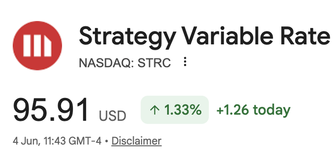 The image focuses on a screen displaying information about a stock price change over time for NASDAQ-Strc, with an upward trend indicated by green arrows pointing to the right. The text below states that $STRC is going to zero or has already been trading at $STRC. It also provides information about the effective yield and capital gain if the stock were to continue rising in price.