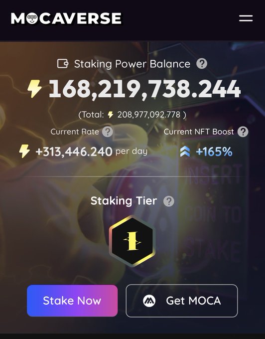 A screenshot of the MOCAVERSE staking dashboard displays a Staking Power Balance of 168,219,738.244 with a daily earning rate of +313,446.240 and a +165% NFT boost, illustrating the massive staking power accumulation referenced in the post.