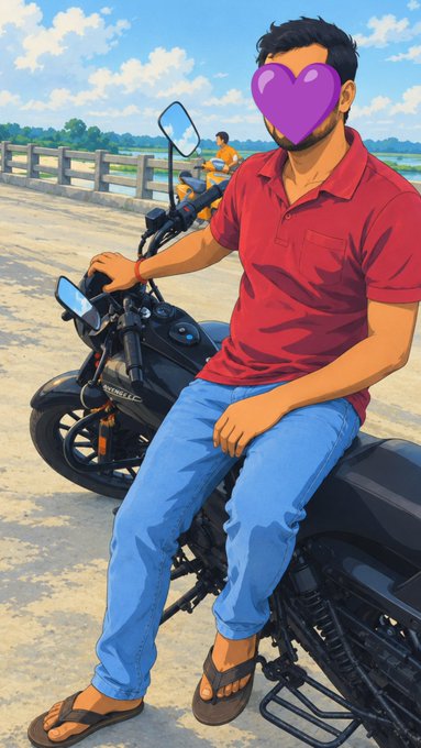 Anime-style illustration of a man with a purple heart emoji over his face, wearing a red shirt and blue jeans, sitting on a motorcycle.