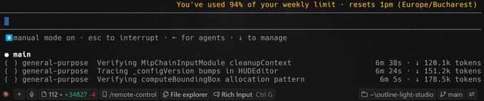 Terminal/IDE screen showing a '94% weekly limit' warning for Claude, with general-purpose agent tasks running like 'Verifying MlpChainInputModule cleanupContext.'