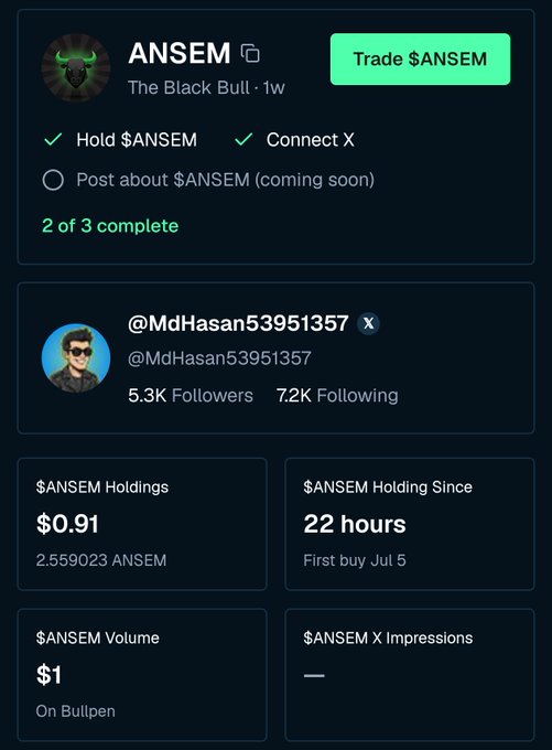 A trading interface displays the $ANSEM meme token labeled 'The Black Bull' with a 'Trade $ANSEM' button, showing holdings of $0.91 (2.559023 ANSEM) held for 22 hours by @MdHasan53951357.