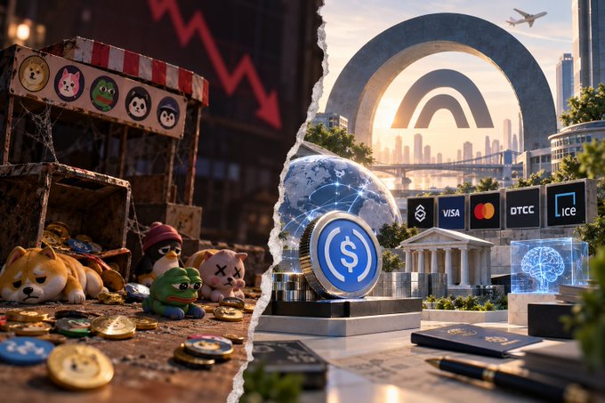 A split image contrasting a collection of worn plush toys (including Shiba Inu and Pepe) and falling red chart on the left with a futuristic crypto/Bitcoin scene featuring institutional logos (Visa, Mastercard, DTCC) on the right.