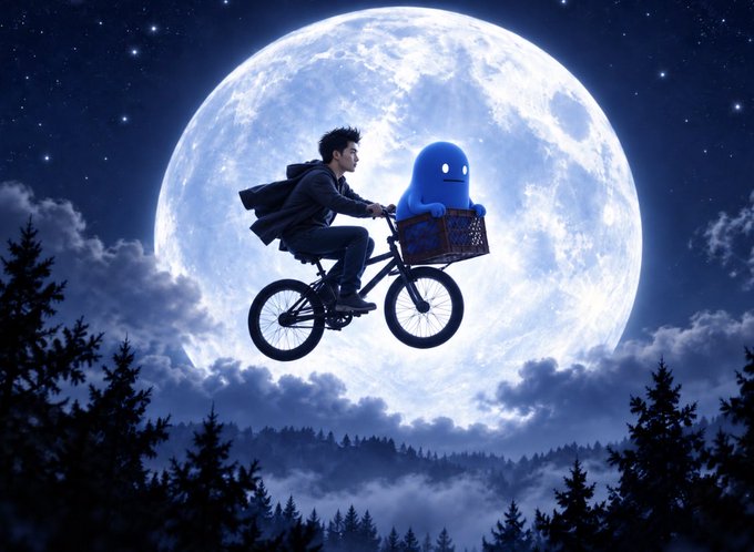 A whimsical digital illustration of a young man riding a bicycle through the night sky with a blue ghost-like creature in the front basket, silhouetted against a giant full moon over a dark forest.