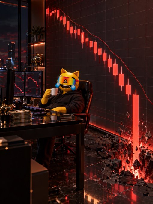 A digital illustration of a person in a black hoodie wearing a crying cat emoji mask, sitting at a desk drinking from a cup while a large red candlestick chart descends behind them into a pile of rubble.
