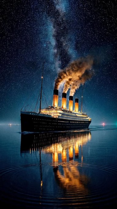A cinematic nighttime rendering of a four-funneled ocean liner resembling the Titanic, lit warmly against a starry Milky Way sky with reflections shimmering on calm water.