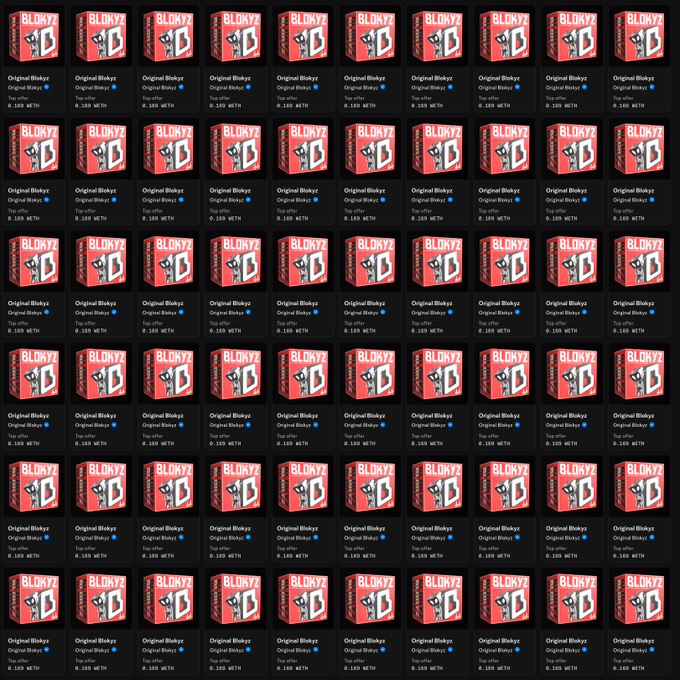 The image displays a grid of 54 identical "Original Bloksxyz" NFT listings on what appears to be OpenSea, each priced at 0.169 WETH and marked as "Top offer," possibly symbolizing a blockchain real estate or development project. The repetition of the same NFT offer reinforces the post's theme of "Cirrus" being Ethereum's main focus this cycle, suggesting a coordinated buying or trading strategy in the NFT space.