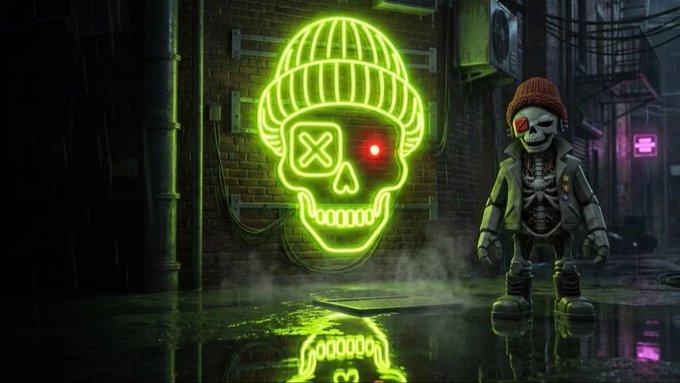 A neon green skull wearing a beanie sign on a brick wall in a dark alleyway, with a small skeleton character in winter clothing standing nearby, reflected on wet pavement.