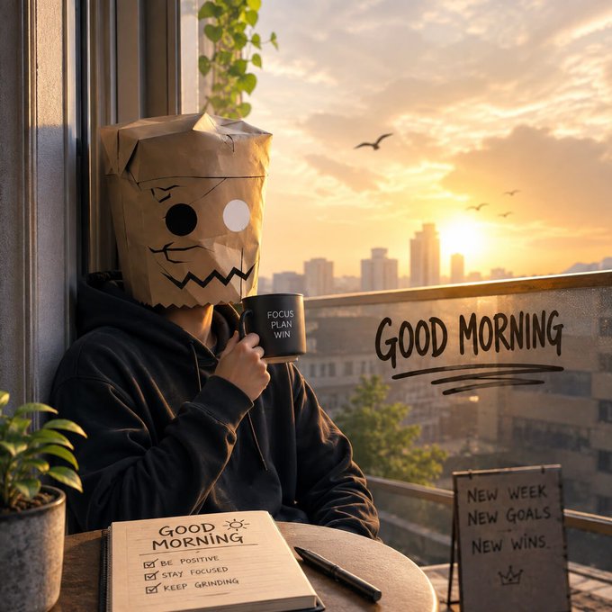 A person wearing a paper bag with a drawn face drinks from a 'FOCUS PLAN WIN' mug overlooking a sunrise cityscape, with handwritten 'GOOD MORNING' text and a to-do list reading 'BE POSITIVE, STAY FOCUSED, KEEP GRINDING'.