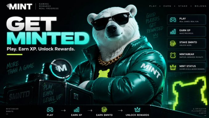 A promotional banner for 'MINT' featuring a polar bear in sunglasses and a green jacket, with text reading 'GET MINTED. Play. Earn XP. Unlock Rewards.'