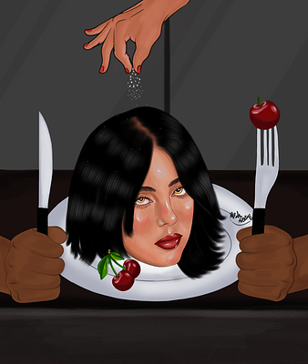 A surreal digital illustration depicts a woman's head served on a white plate, garnished with cherries, while disembodied hands season it with salt above and grip a knife and fork on either side.