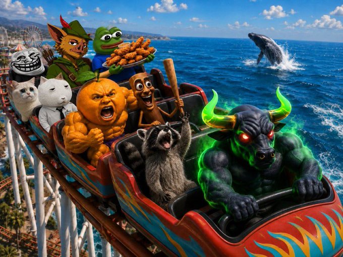 A surreal scene featuring various internet meme characters including Trollface, Pepe the Frog, a screaming orange, a raccoon, a monkey, and a demonic bull with glowing green eyes riding a roller coaster by the ocean.