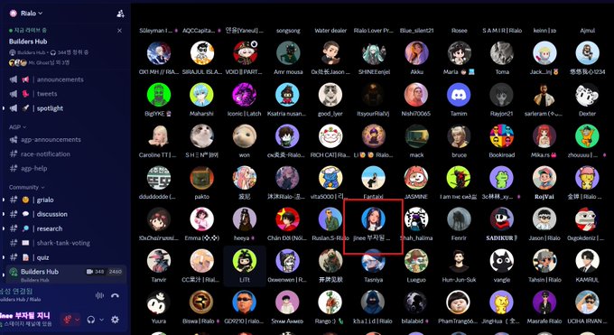 A Discord server interface for 'Rialo' Builders Hub, showing various user avatars with a specific avatar highlighted by a red box.