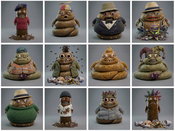 A 3x4 grid showcases twelve grotesque, cartoonish poop-themed avatar characters from the "Poopy Mint Date" NFT collection on Ethereum (priced at 0.0029 ETH), with minting scheduled for August 21, 2026, at 4:00 PM UTC. The characters are anthropomorphic excrement figures dressed in various costumes—including a postal worker, businessman, jester, and king—matching the collection's humorous and "cursed" theme advertised in the post.