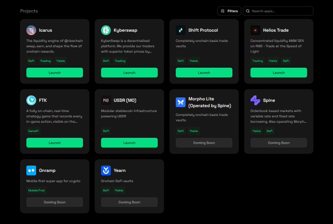 Dark-themed dashboard listing crypto projects including Icarus, Kyberswap, Shift Protocol, Helios Trade, FTK, USDR (M0), Morpho Lite, Spine, Onramp, and Yearn, with buttons to 'Launch' or 'Coming Soon'.