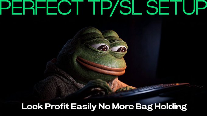 The image features a cartoon frog sitting at a computer desk with its eyes closed while holding a keyboard. The background of the image is dark, which contrasts with the bright green color of the frog's face. Below this image, there is text that reads "Perfect TP/SL setup" and "Lock Profit Easily no more bag handling".