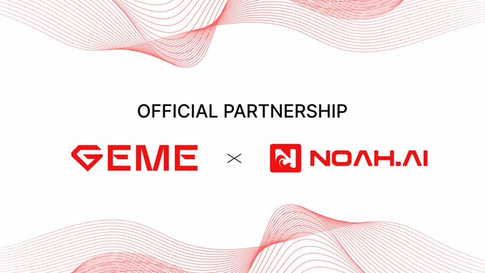 A partnership announcement graphic displaying 'OFFICIAL PARTNERSHIP' between GEME and NOAH.AI logos, with red wavy line decorations.