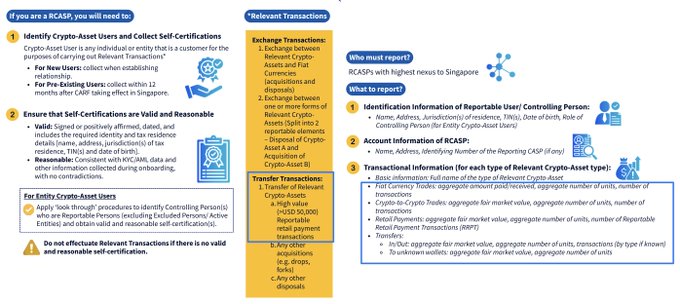 The image is an infographic outlining the Crypto-Asset Reporting Framework (CARF) compliance requirements for Reporting Singapore-nexus Digital Payment Token (RCASP) exchanges, detailing self-certification collection procedures, identification of reportable users, and transactional information reporting. It visually breaks down obligations for Crypto-Asset Users (both individuals and entities) including collecting self-certifications within 12 months, reporting details like names, addresses, TINs, and DOBs, and aggregating crypto-asset transfer data—directly corresponding to the post's emphasis on mandatory KYC/self-cert systems and blocking users without valid certifications.