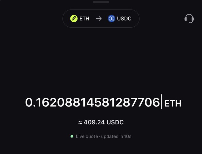 A cryptocurrency exchange interface showing a trade of 0.16208814581287706 ETH for approximately 409.24 USDC, with a live quote that updates every 10 seconds.