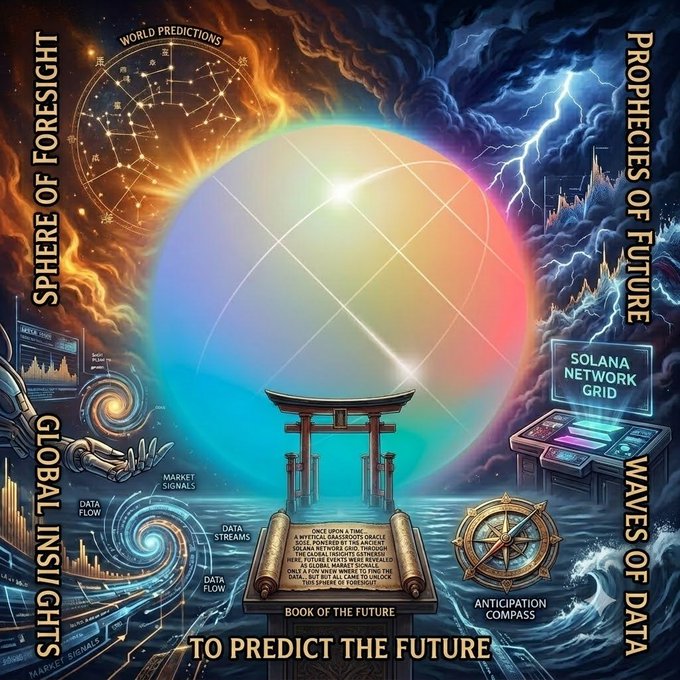 A mystical digital artwork titled "Sphere of Foresight" and "Prophecies of Future" features a glowing orb surrounded by storm clouds, lightning, and text including "World Predictions," "Global Insights," "Waves of Data," "Solana Network Grid," "Anticipation Compass," "Book of the Future," and "To Predict the Future," alongside elements like a Japanese torii gate, a compass, an open scroll, and swirling data streams.