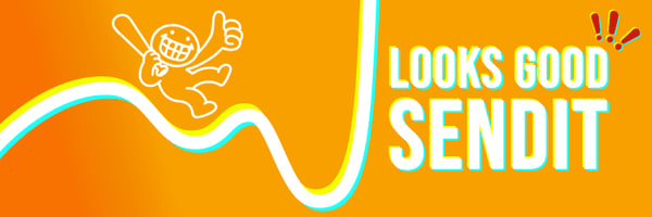 An orange banner with a running cartoon mascot character, wavy lines, and the text 'LOOKS GOOD SENDIT'.