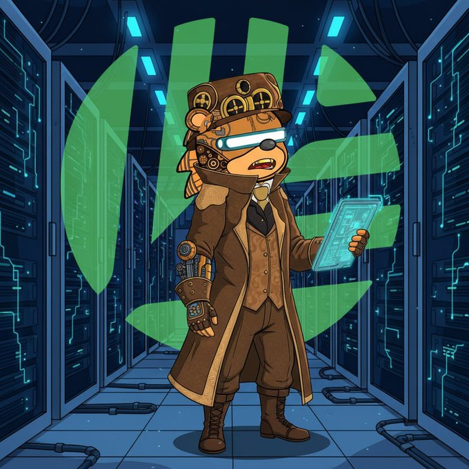 An illustration of a steampunk monkey character with a top hat, cybernetic implants, and VR goggles, holding a transparent tablet in a server room with a large green logo in the background.