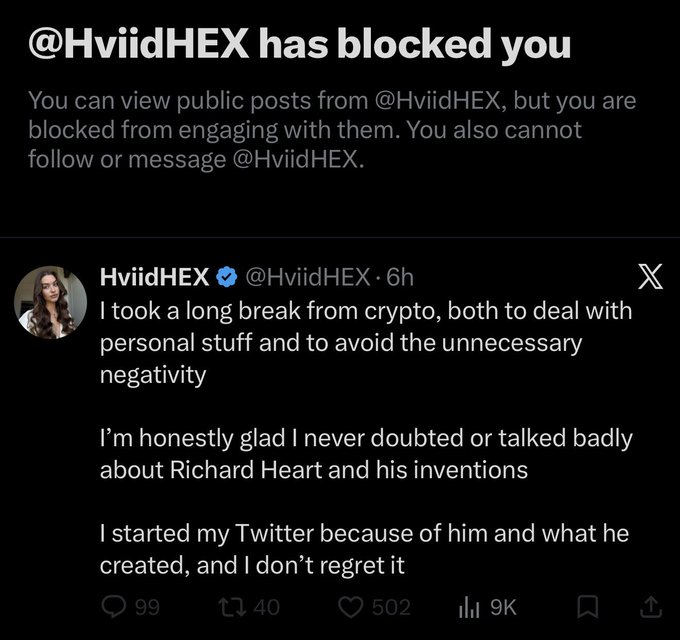 The image shows a notification that "@HviidHEX has blocked you" along with HviidHEX's tweet stating she took a break from crypto to deal with personal matters and avoid negativity, while reaffirming her support for Richard Heart and never speaking badly about him—directly contradicting the accompanying post's claim that she abandoned HEX supporters during the bear market.