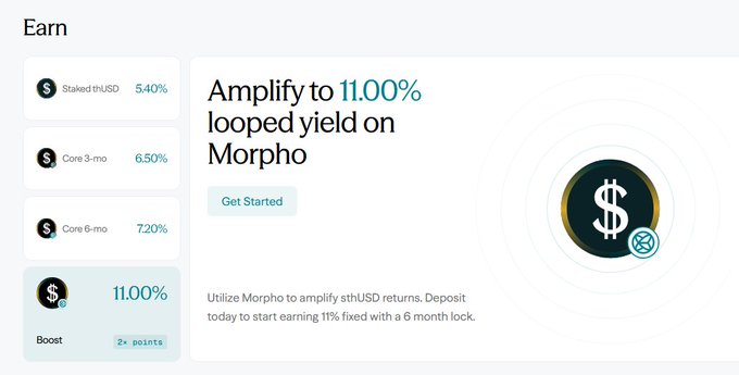 An 'Earn' interface from a DeFi/crypto platform showing yield options including Staked thUSD at 5.40%, Core 3-mo at 6.50%, Core 6-mo at 7.20%, and a Boost option to 'Amplify to 11.00% looped yield on Morpho' with a 6 month lock.