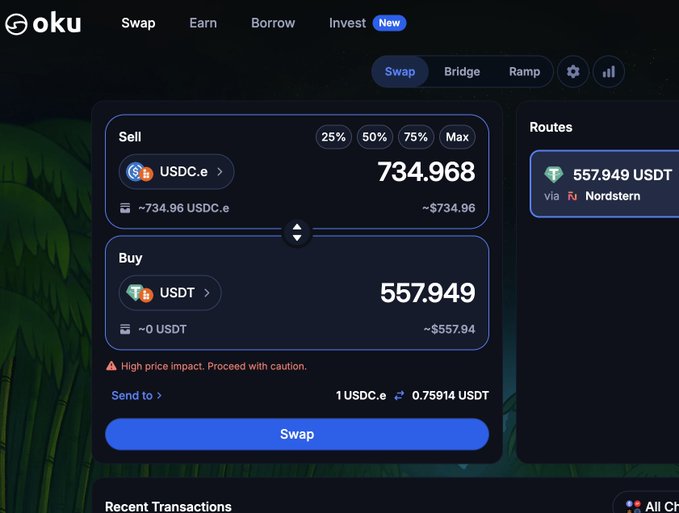 A screenshot of the Oku crypto platform interface showing a Swap from 734.968 USDC.e to 557.949 USDT via Nordstern, with tabs for Swap, Earn, Borrow, and Invest at the top.