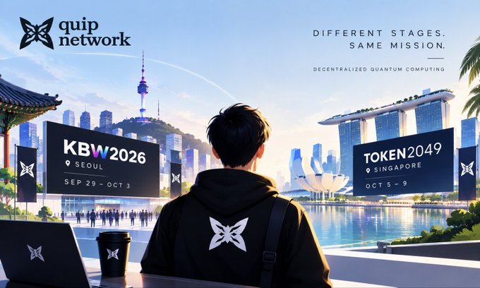 A promotional graphic for "quip network" advertising "KBW2026 SEOUL SEP 29 - OCT 3" and "TOKEN2049 SINGAPORE OCT 5 - 9", subtitled "DIFFERENT STAGES. SAME MISSION."
