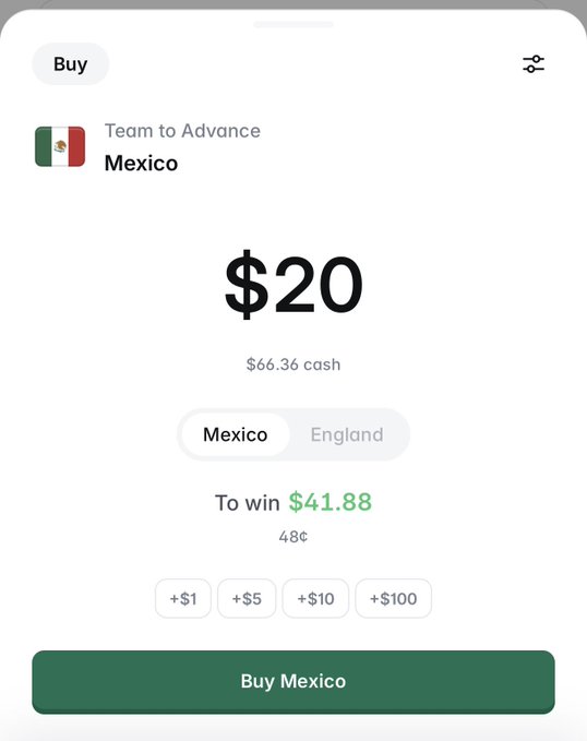 A sports betting app screen showing a $20 wager on Mexico to advance over England, with a potential payout of $41.88 (48¢ odds) from a $66.36 cash balance.